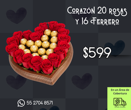 Corazón 20 rosas y 16 Ferrero