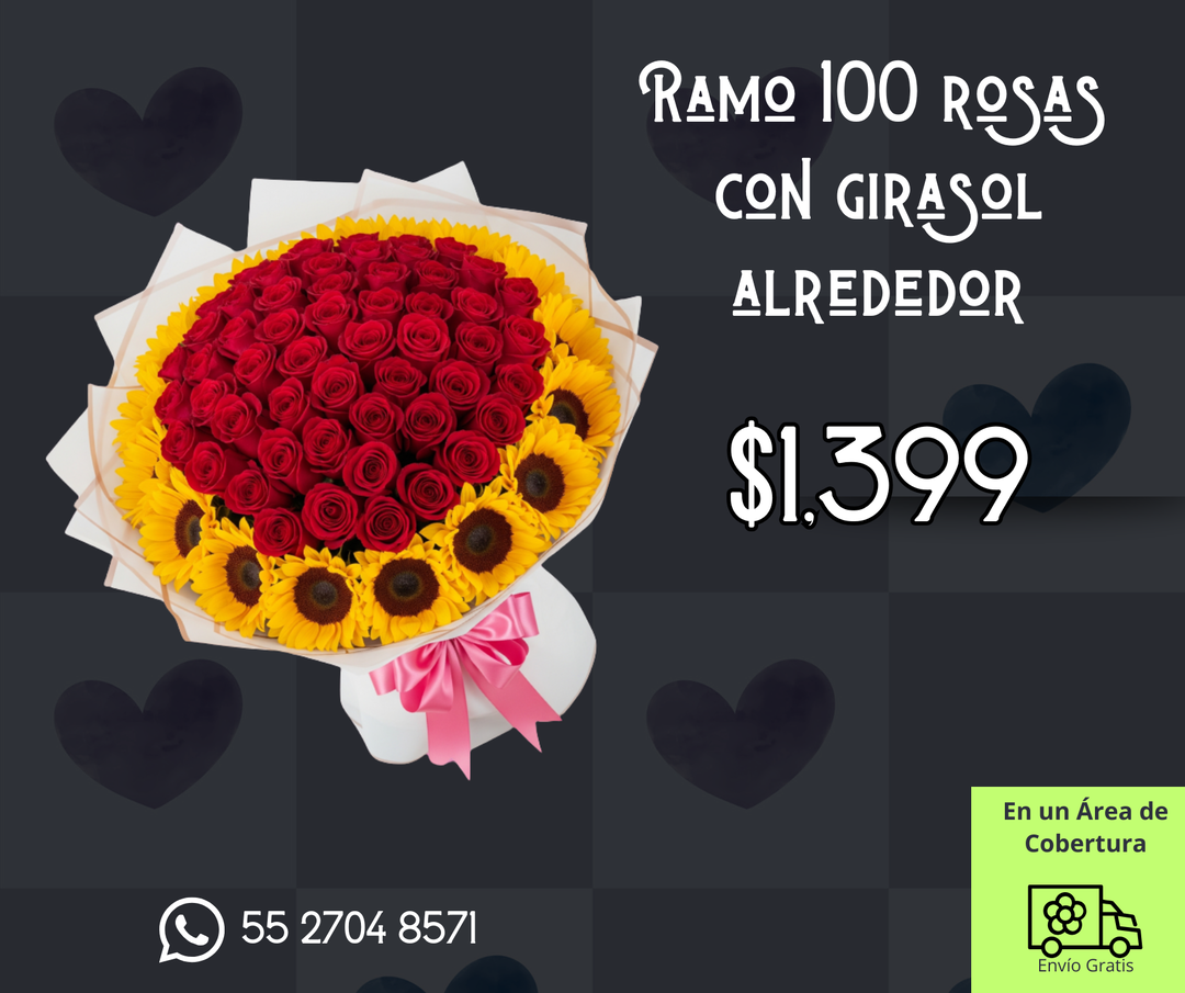 Ramo 100 rosas con girasol alrededor