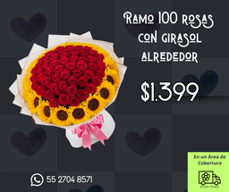 Ramo 100 rosas con girasol alrededor