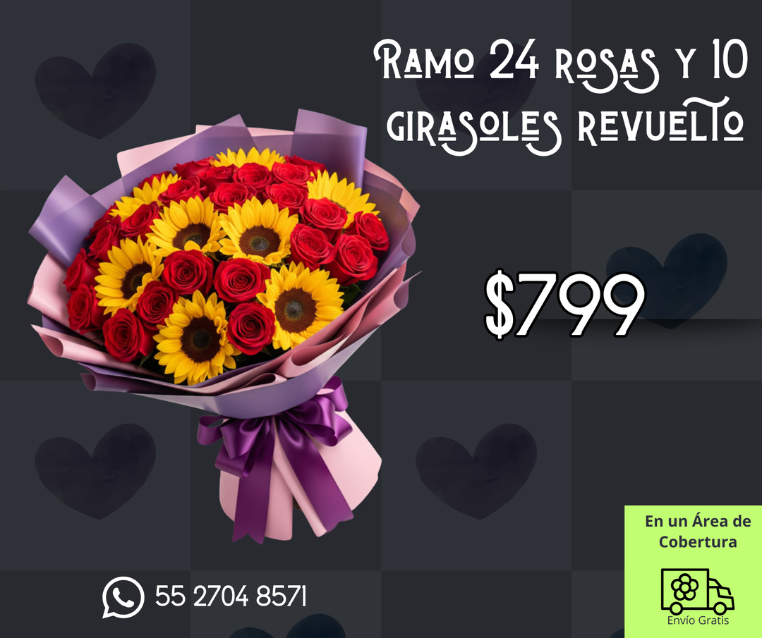 Ramo 24 rosas y 10 girasoles revuelto