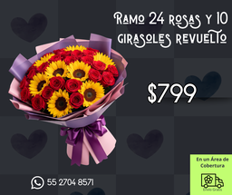 Ramo 24 rosas y 10 girasoles revuelto