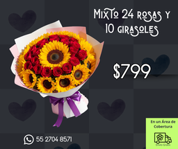 Mixto 24 rosas y 10 girasoles