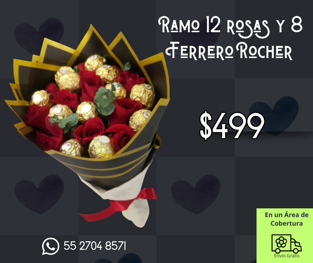 Ramo 12 rosas y 8 Ferrero Rocher