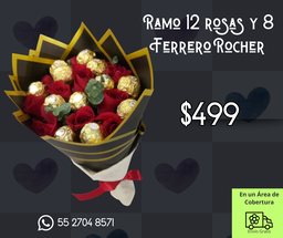 Ramo 12 rosas y 8 Ferrero Rocher