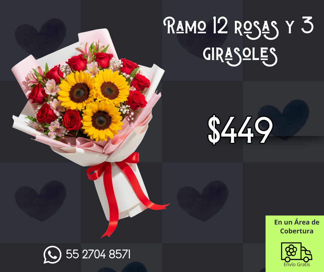 Ramo 12 rosas y 3 girasoles