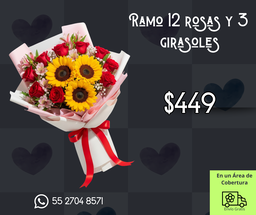 Ramo 12 rosas y 3 girasoles