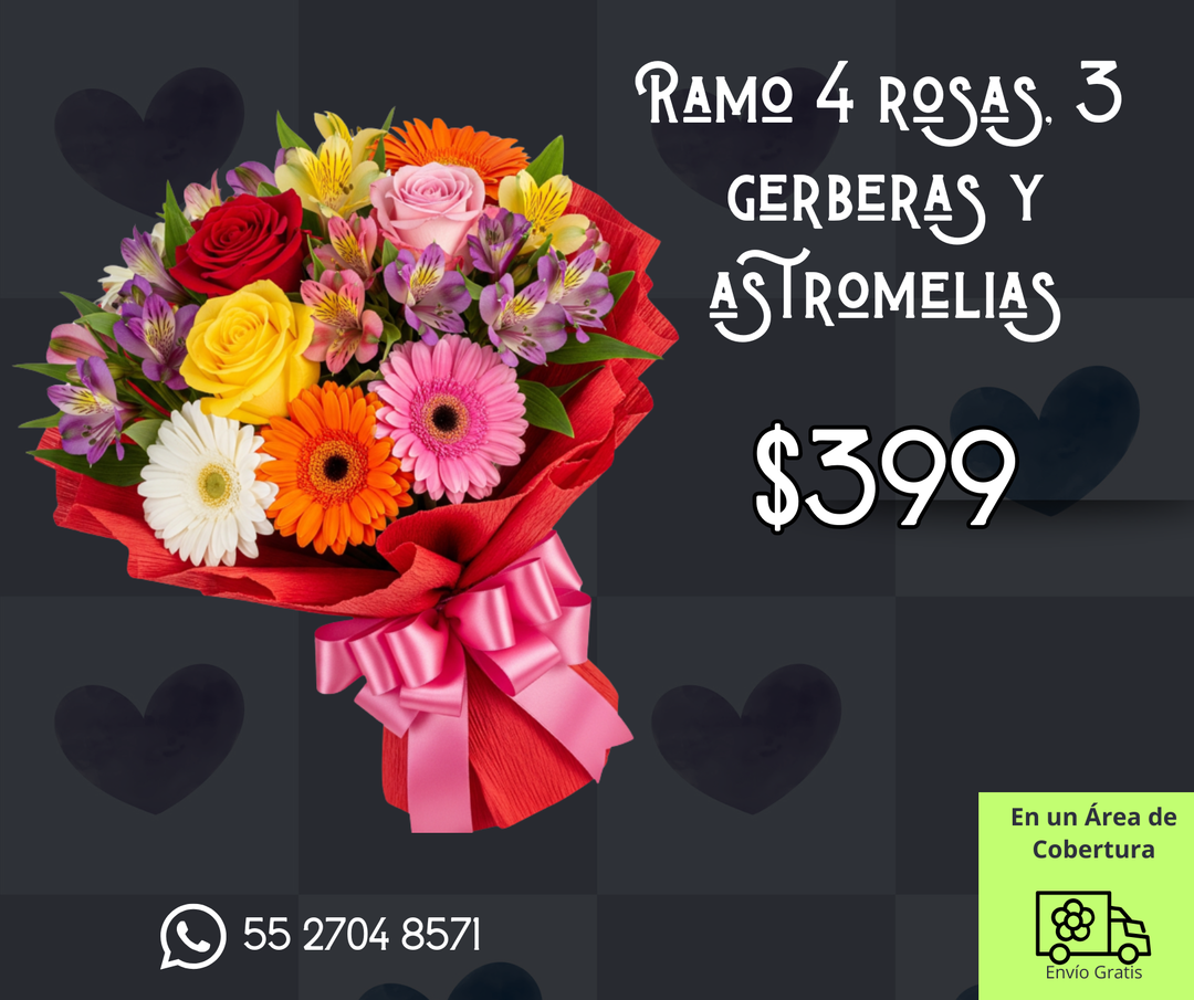 Ramo 4 rosas, 3 gerberas y astromelias
