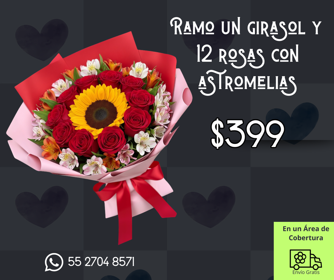Ramo un girasol y 12 rosas con astromelias