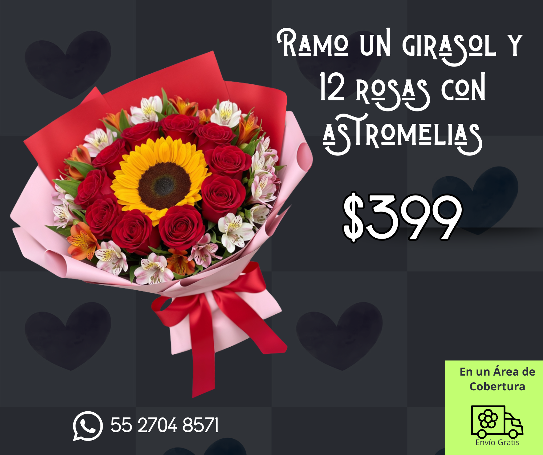 Ramo un girasol y 12 rosas con astromelias_0