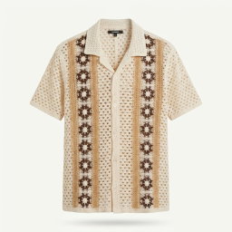 Crochet Panel Cuban Shirt - Cream 1ZW700