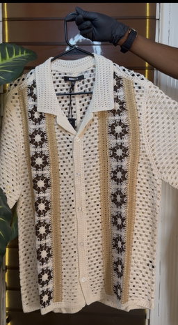 Crochet Panel Cuban Shirt - Cream 1ZW700