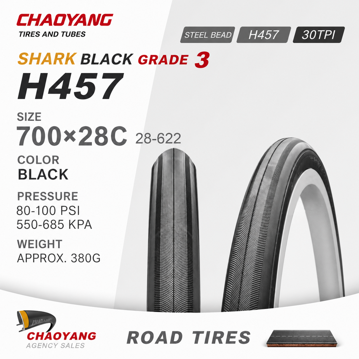 Chaoyang Mini Shark H-457 Road Tire | 700x28C | Pro-Level 60/120 TPI_1