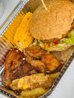 Burger, 2wings, 1steak, fries, sweetcorn