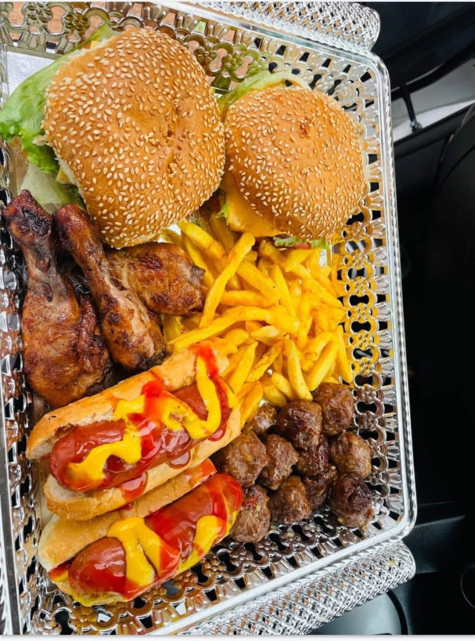 2burgers, 2hotdogs, meatballs, 4 wings, fries