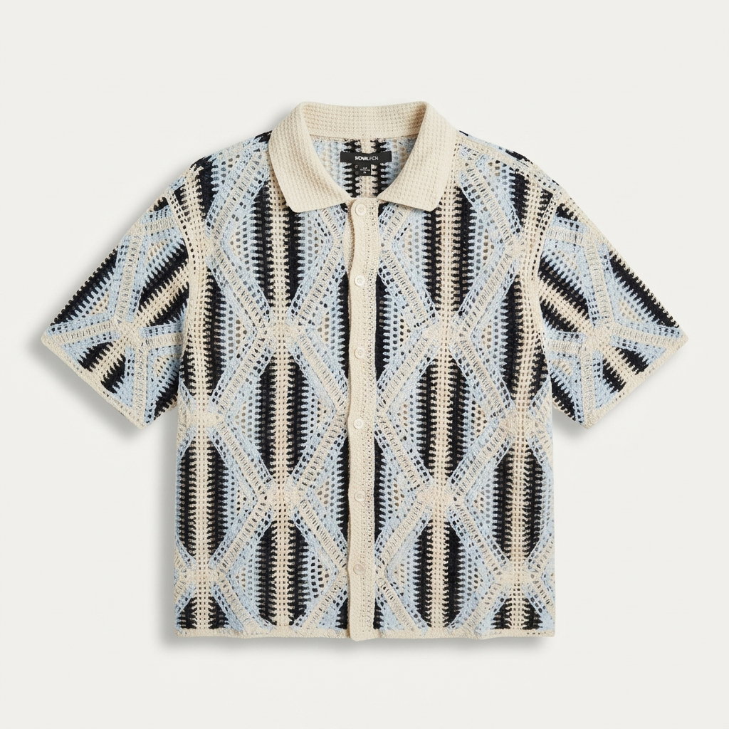 Cropped Relaxed Triangles Knit Collar Shirt - Blue 1ZW003_0