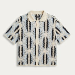 Cropped Relaxed Triangles Knit Collar Shirt - Blue 1ZW003