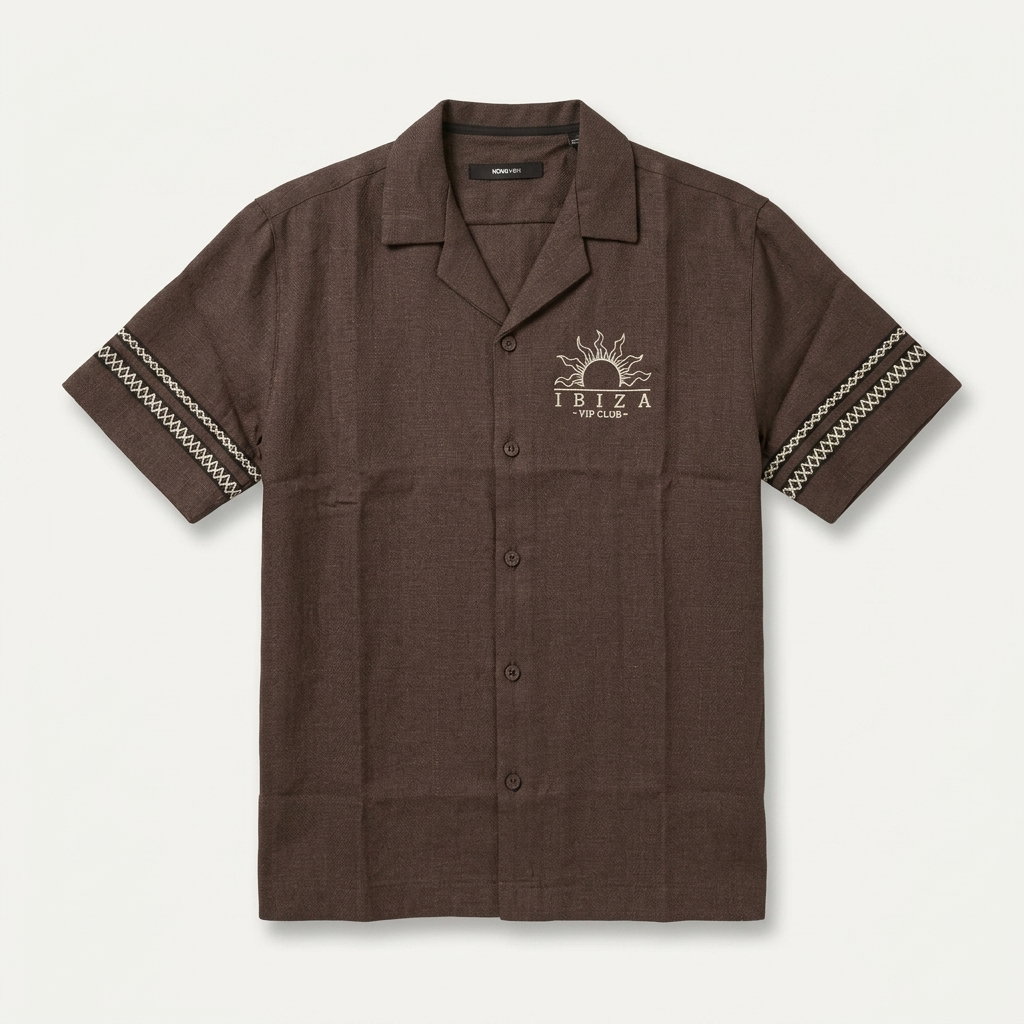 Ibiza VIP Club Linen Like Button Up - Chocolate 1ZW007