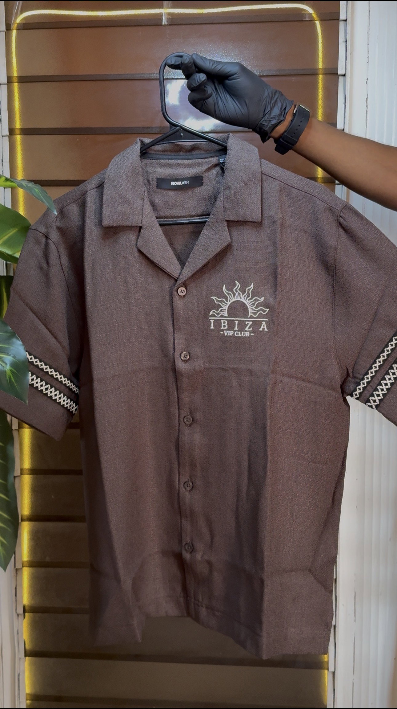 Ibiza VIP Club Linen Like Button Up - Chocolate 1ZW007_1