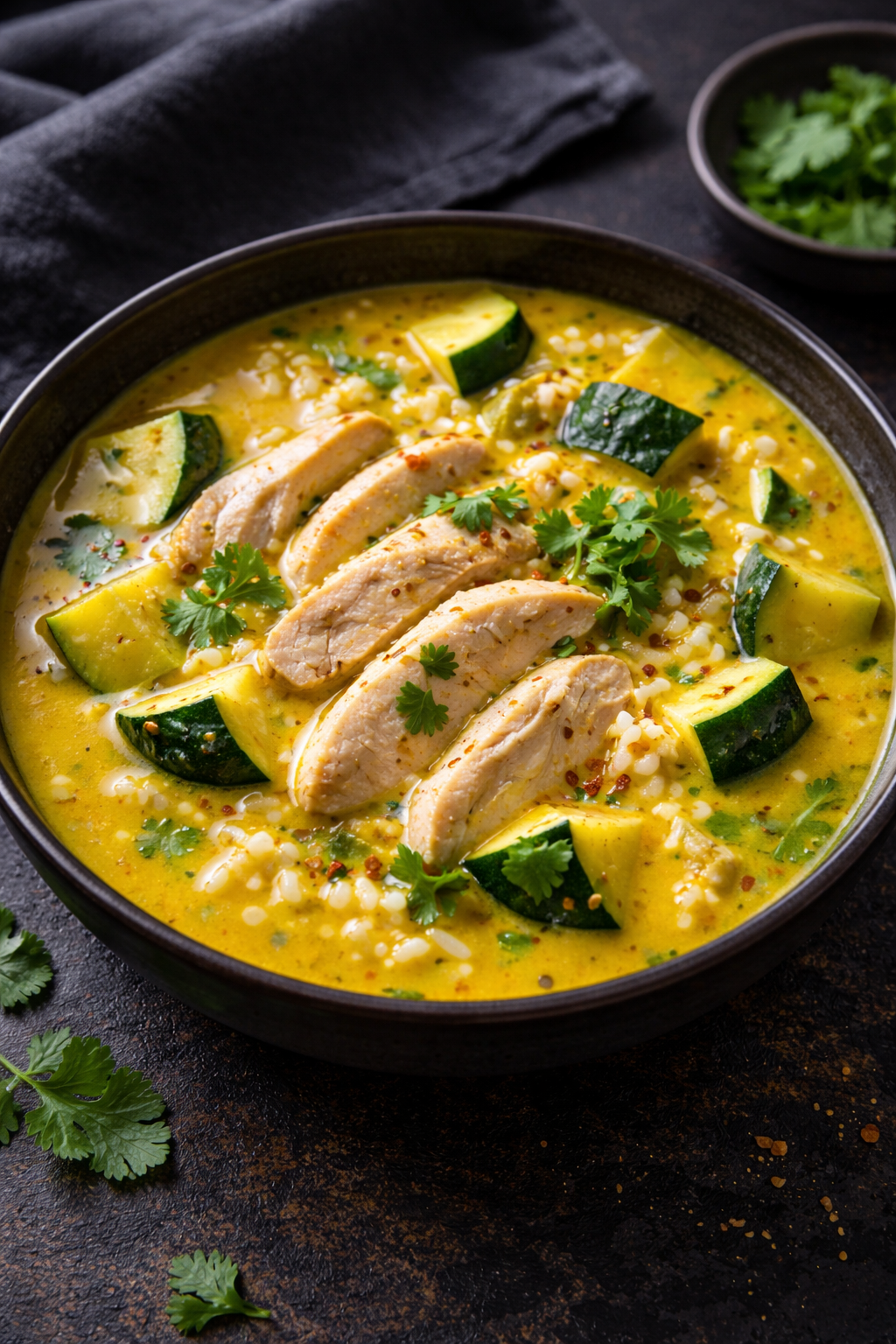 Карри-суп с куриной грудкой и ломтиками цуккини-гриль на кокосовом молоке (заказ от 4 порций)