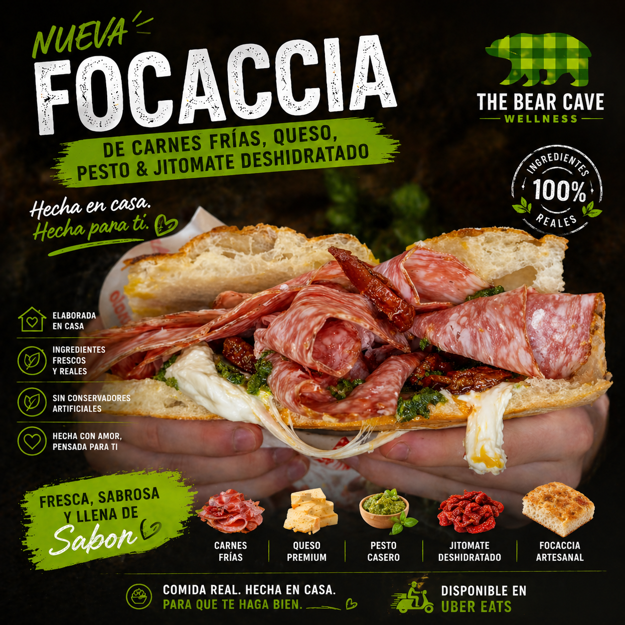 Focaccia de carnes frías con queso, pesto y jitomates deshidratados _0