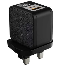 Porodo Quantum 30W A+C UK GaN Charger with Digital Screen with C - L 60W 3A Braided Cable : 