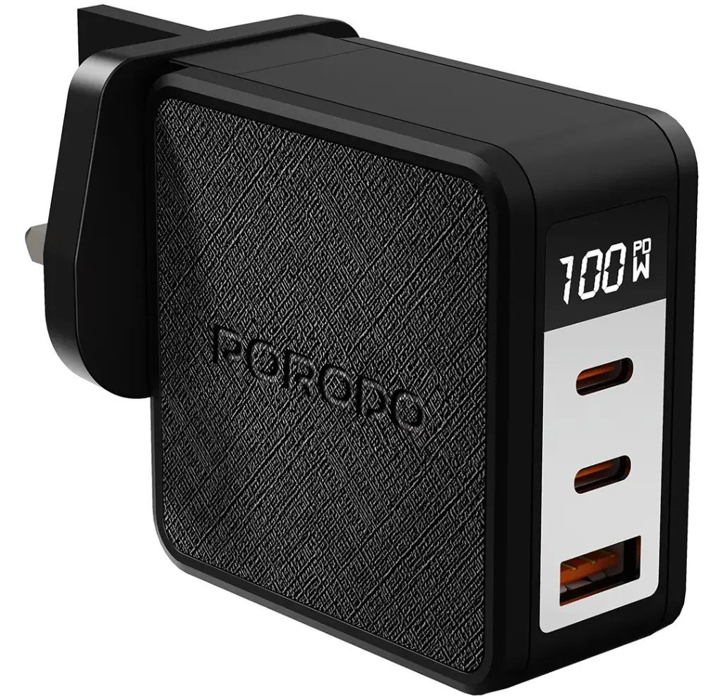 Porodo Quantum 100W C+C+A UK GaN Charger with Digital Screen