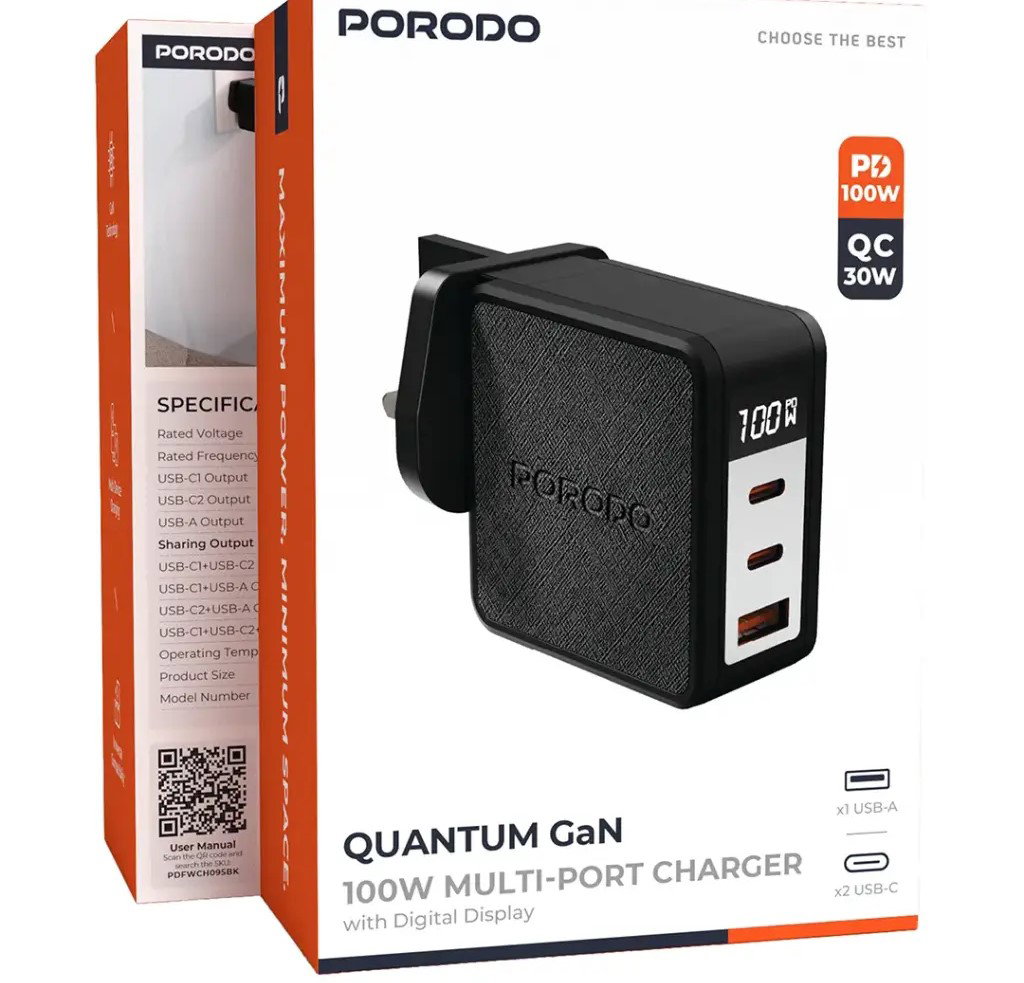 Porodo Quantum 100W C+C+A UK GaN Charger with Digital Screen _1