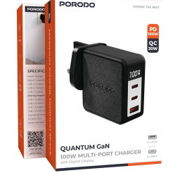  Porodo Quantum 100W C+C+A UK GaN Charger with Digital Screen 