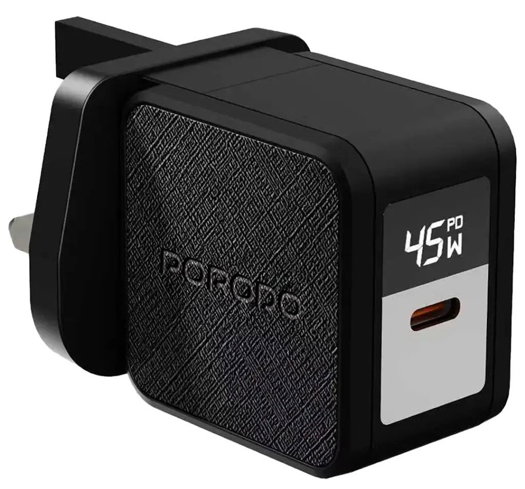 Porodo Quantum 45W C UK GaN Charger with Digital Screen with C - C 60W 3A Braided Cable :