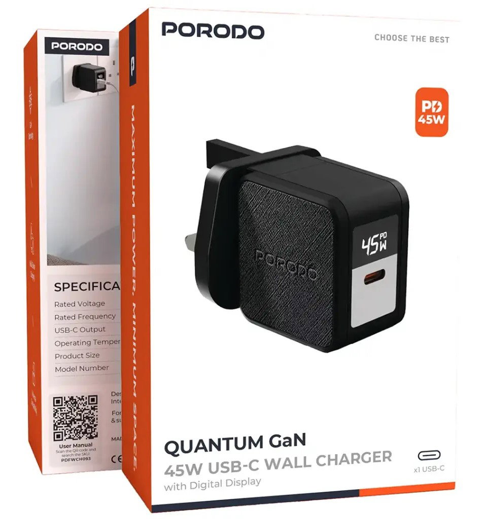  Porodo Quantum 45W C UK GaN Charger with Digital Screen with C - C 60W 3A Braided Cable :_1