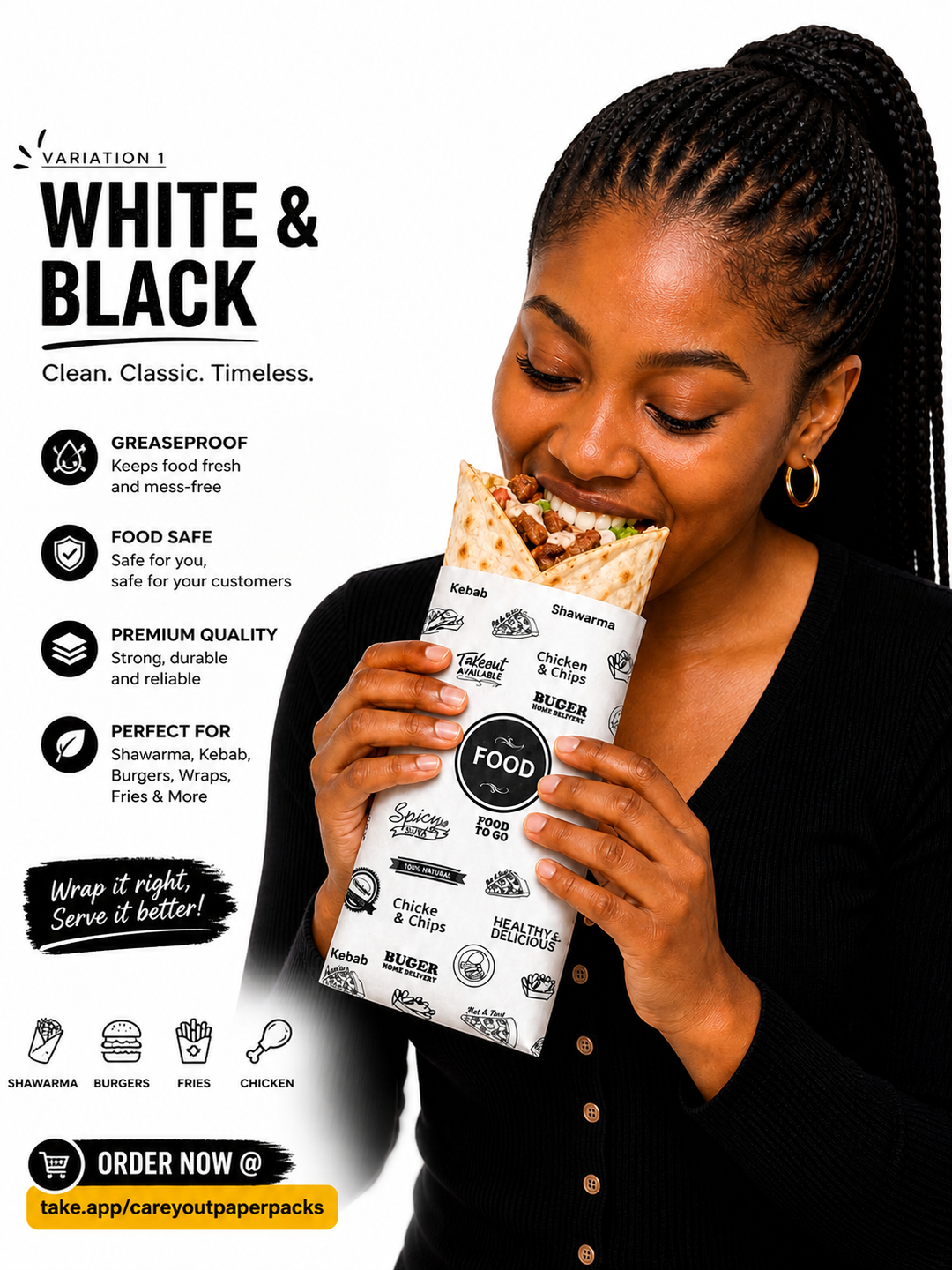 DELI PAPERS - “FOOD TO GO” / BLACK & WHITE - Perfect Square : 12inches x 12 inches