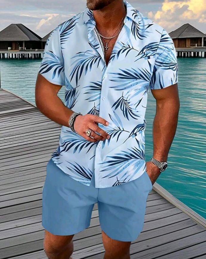 Men's Short Sleeve Shirt And Shorts Casual Suit For Vacation, Cozy Outfits_0