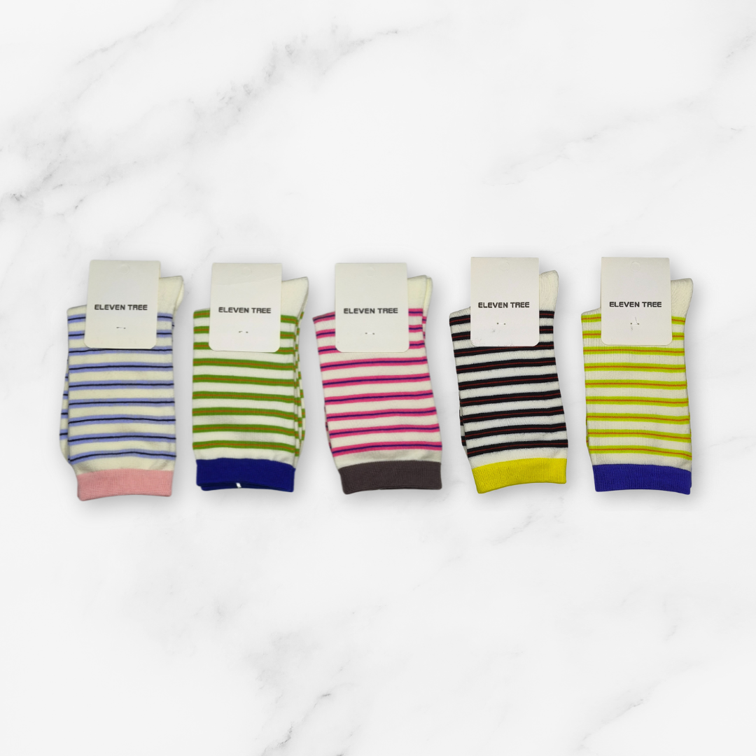 [10052B] - 5 Pairs Women’s Cotton Blend High-Cut Crew Socks – Breathable Stripes/Plain & Everyday Comfort_7