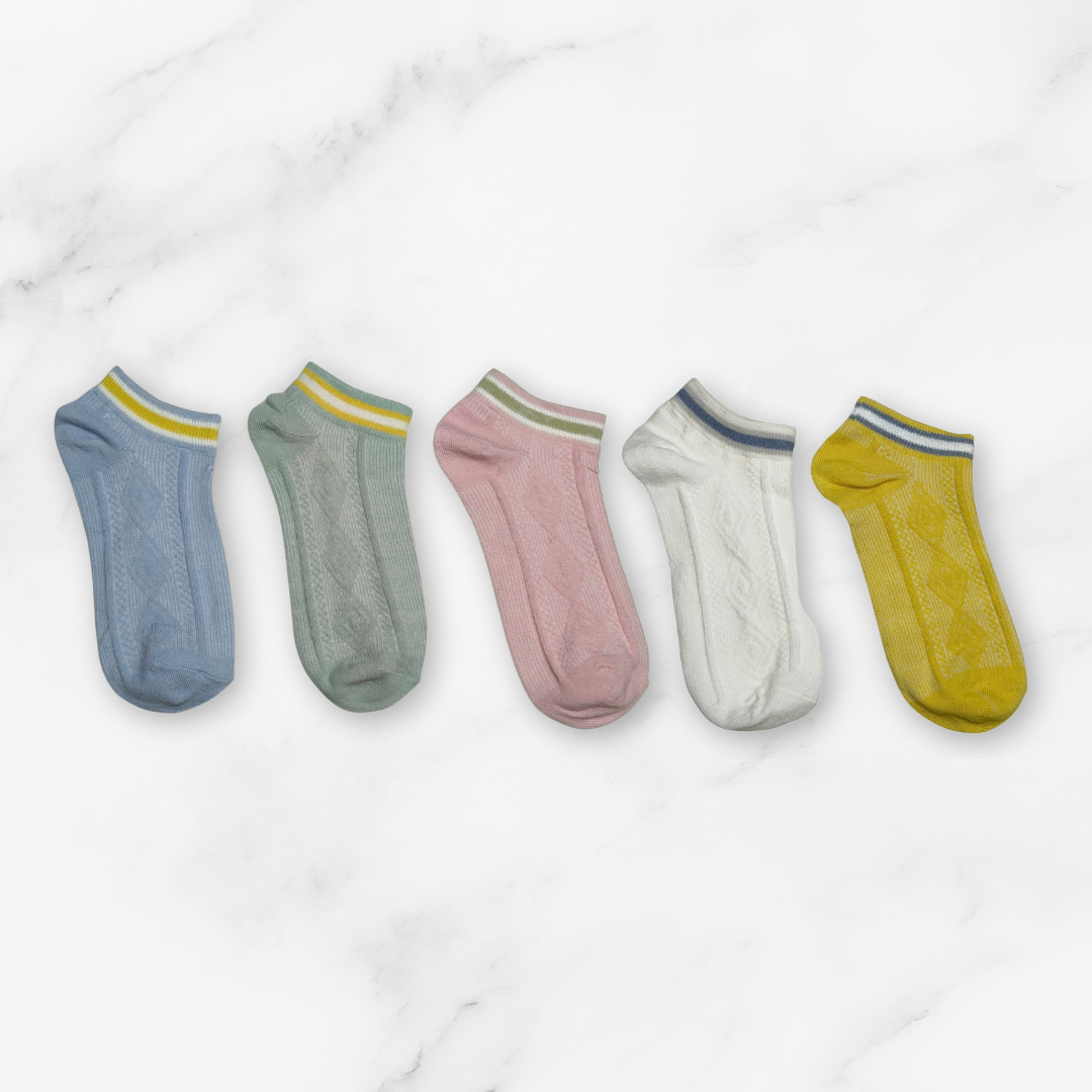 [10049] - 5 Pairs Women's Cotton Blend Low-Cut Ankle Socks – Breathable Dots/Stripes & Everyday Comfort_7