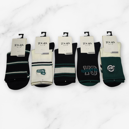 [10105] - 5 Pairs Men’s High-Cotton High-Cut Crew Socks – Breathable Stripes/Alphabet Detail 