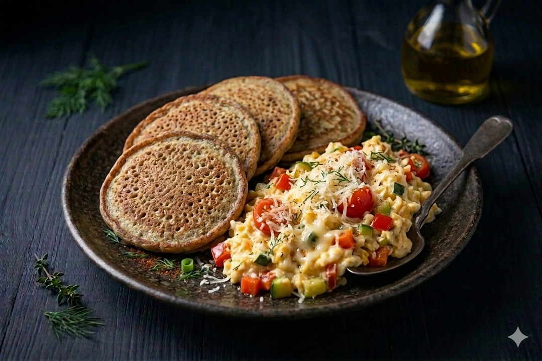 Печеночные оладьи и скрамбл с овощами и пармезаном