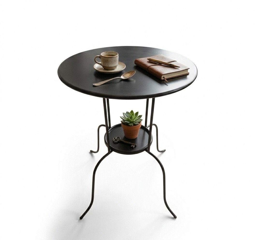 Table d’appoint ronde en métal noir avec double plateau de rangement