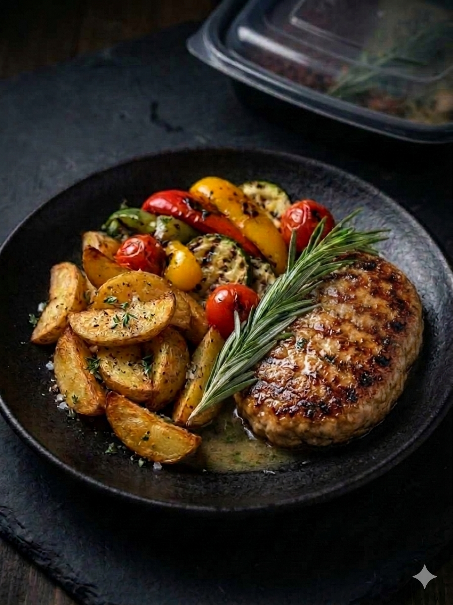 Бифштекс из курицы с картофельными дольками и овощами-гриль