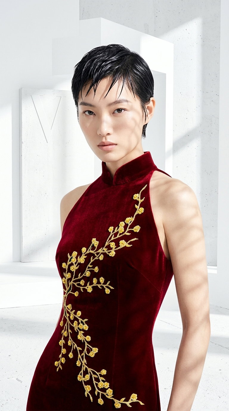 Velvet Cheongsam with Golden Blossoms _2