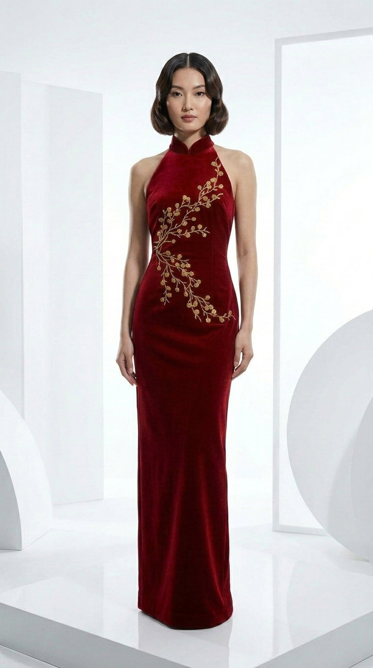 Velvet Cheongsam with Golden Blossoms _3