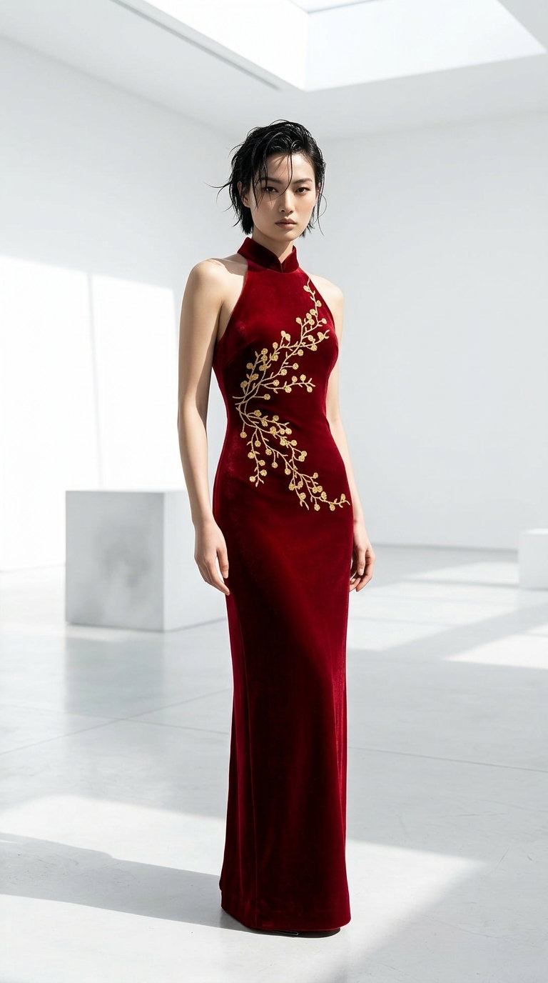Velvet Cheongsam with Golden Blossoms _5