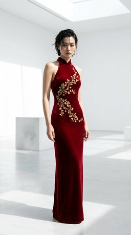 Velvet Cheongsam with Golden Blossoms 