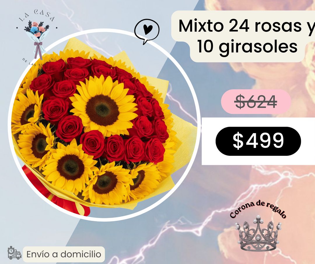 Mixto 24 rosas y 10 girasoles