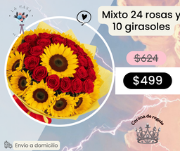 Mixto 24 rosas y 10 girasoles