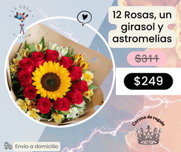 12 Rosas, un girasol y astromelias