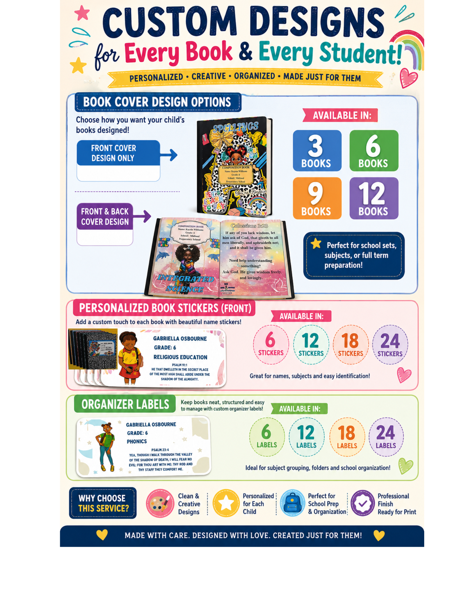 Custom School Book Design - Book Cover Designs, Personalized Name Stickers (Front Labels) & Organizer Labels