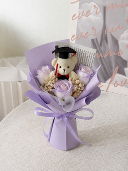 (GB020) Graduation Bear 3 Stalk Soap Rose Bouquet 