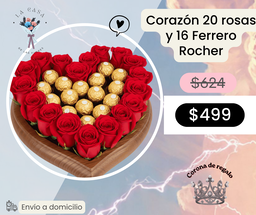 Corazón 20 rosas y 16 Ferrero Rocher