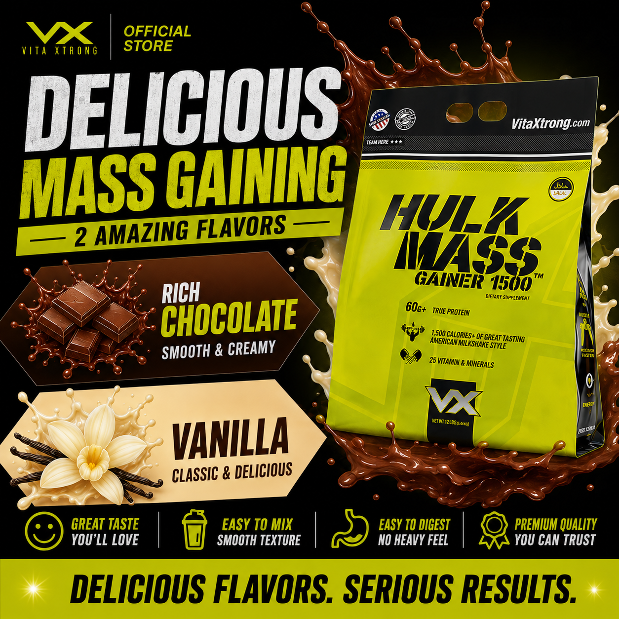 VITAXTRONG™  Hulk Mass Gainer 1500 (6lbs / 2.7kg) | 60g Real Whey Protein • 1500+ kcal High-Calorie Mass Builder • Lab-Tested • No Amino Spiking | Weight Gain & Muscle Growth [VX]_1