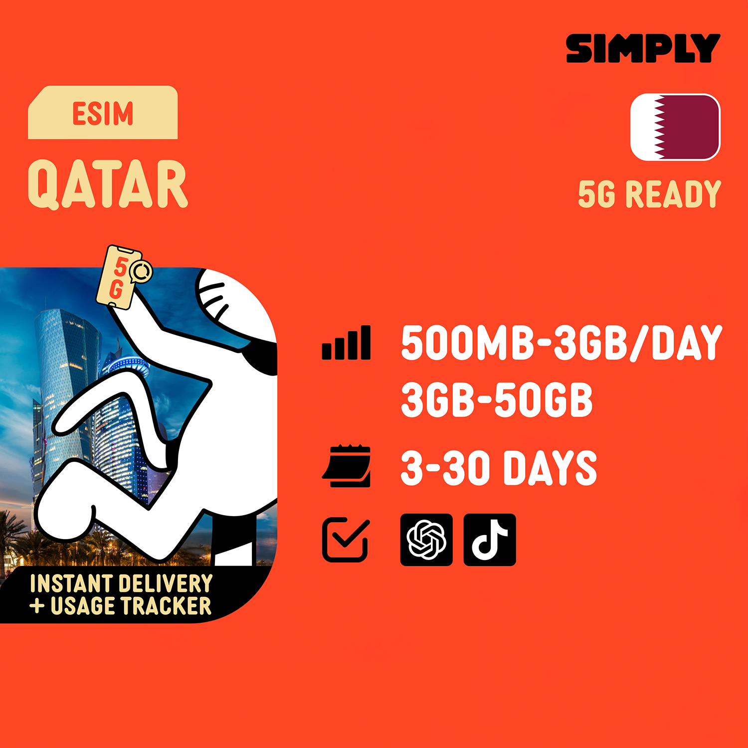 SIMPLY Qatar eSIM | Up to 30 Days - Daily 500MB-3GB + Unlimited Data_0